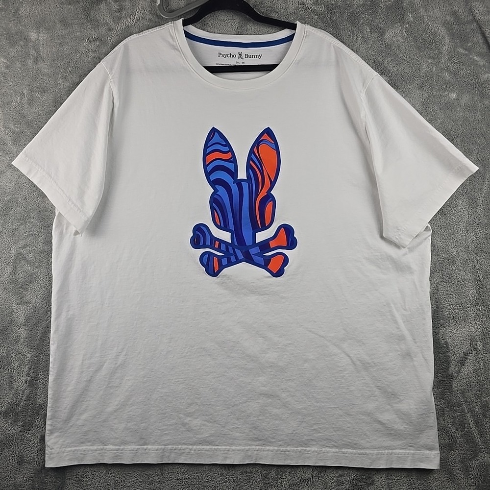 Psycho Bunny Grphic Logo T-Shirt Mens 3XB White W/ Blue Orange Short Sleeve Flaw